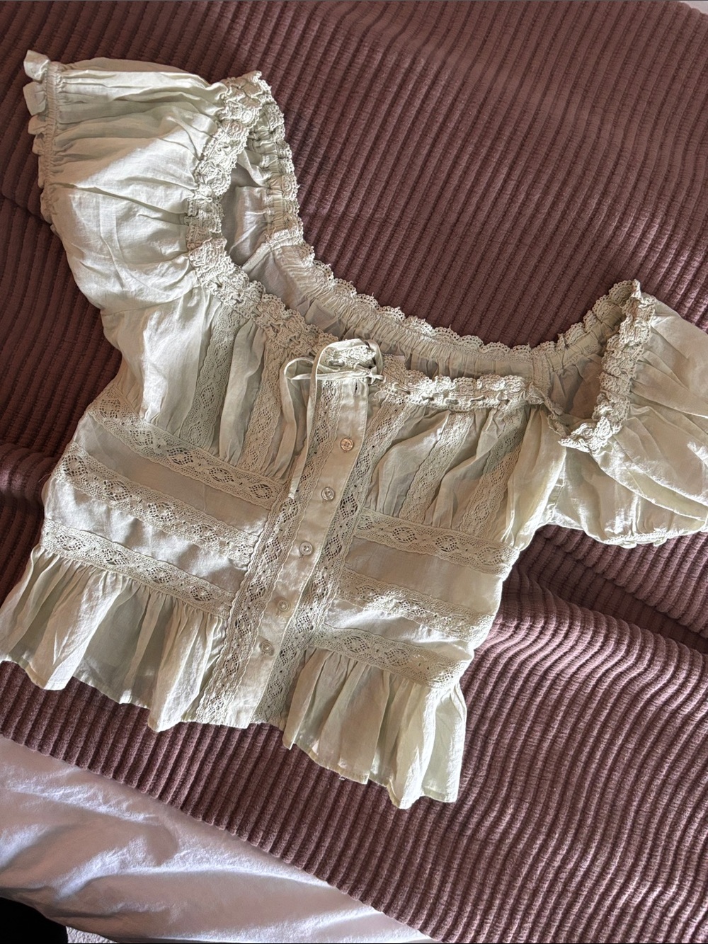 Urban Outfitters Sage Green Lace-Trim Peasant Blouse